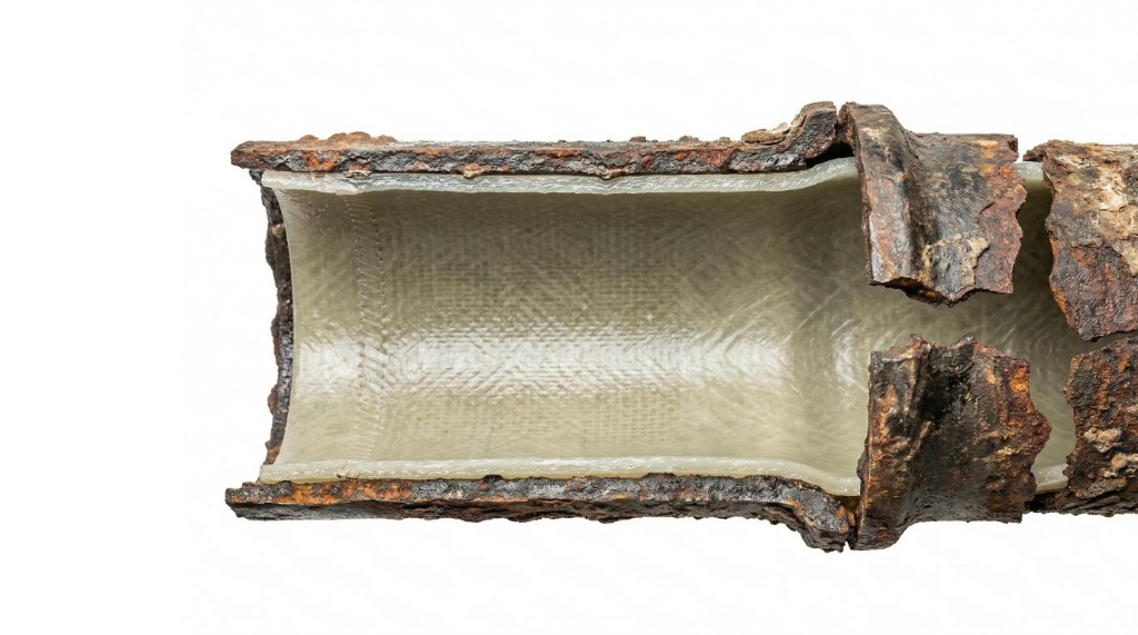 Cutaway of CIPP liner inside corroded host pipe structural pipe in pipe renewal