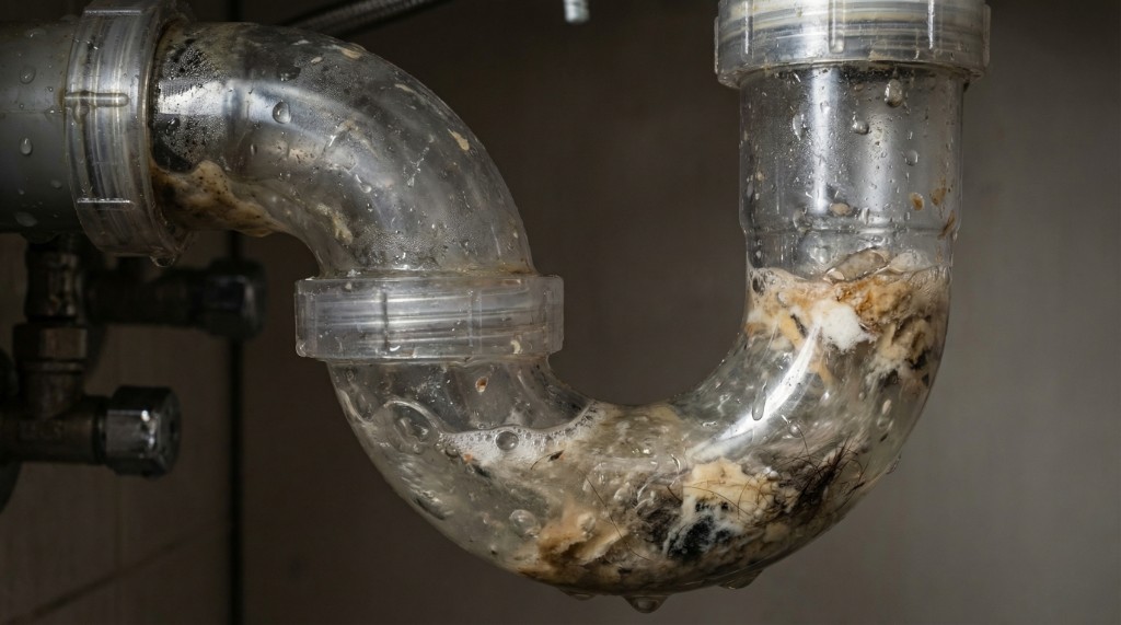 Clogged sink P-trap with hair grease and organic buildup before drain cleaning