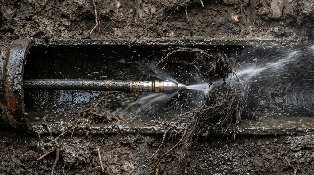 High pressure hydro jet nozzle cutting root intrusion and scouring sewer pipe