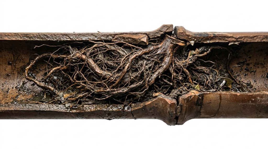 Vitrified clay sewer cutaway with joint failure and dense root mass obstructing the bore
