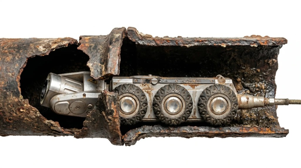 Robotic sewer crawler camera with tether inside corroded host pipe for televising