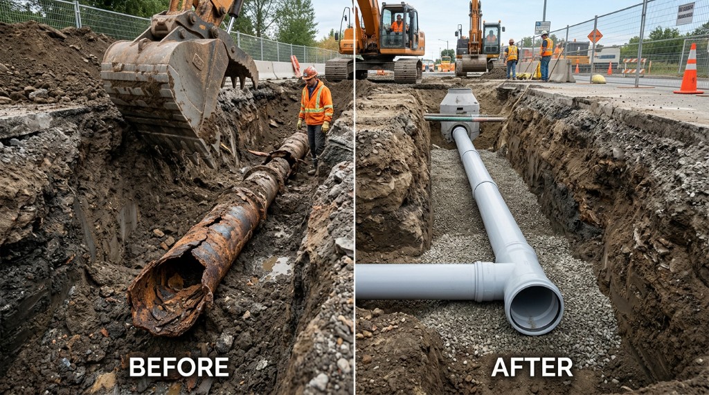 Open trench sewer line replacement before and after host pipe failure